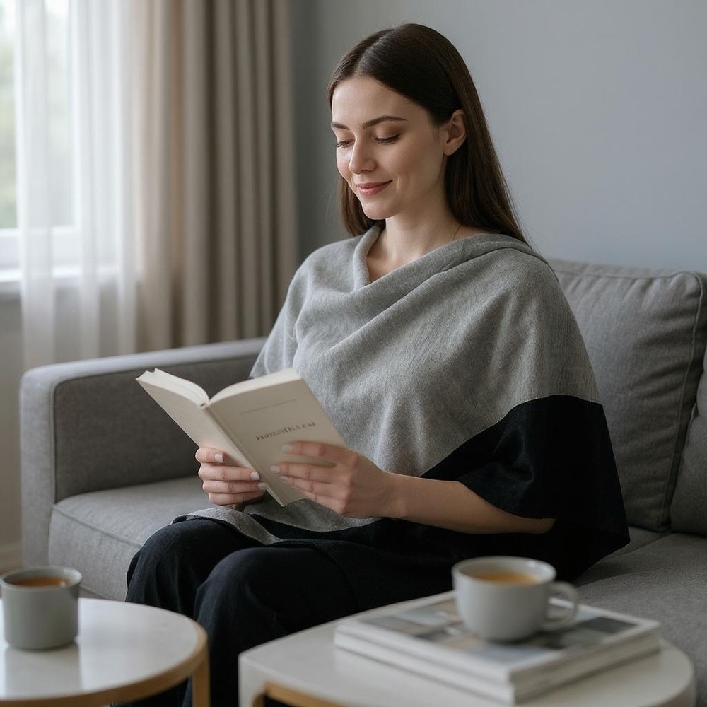 LOFT Sweater Knit Soft Grey & Charcoal Colorblock Poncho One Size - Picture 3 of 12